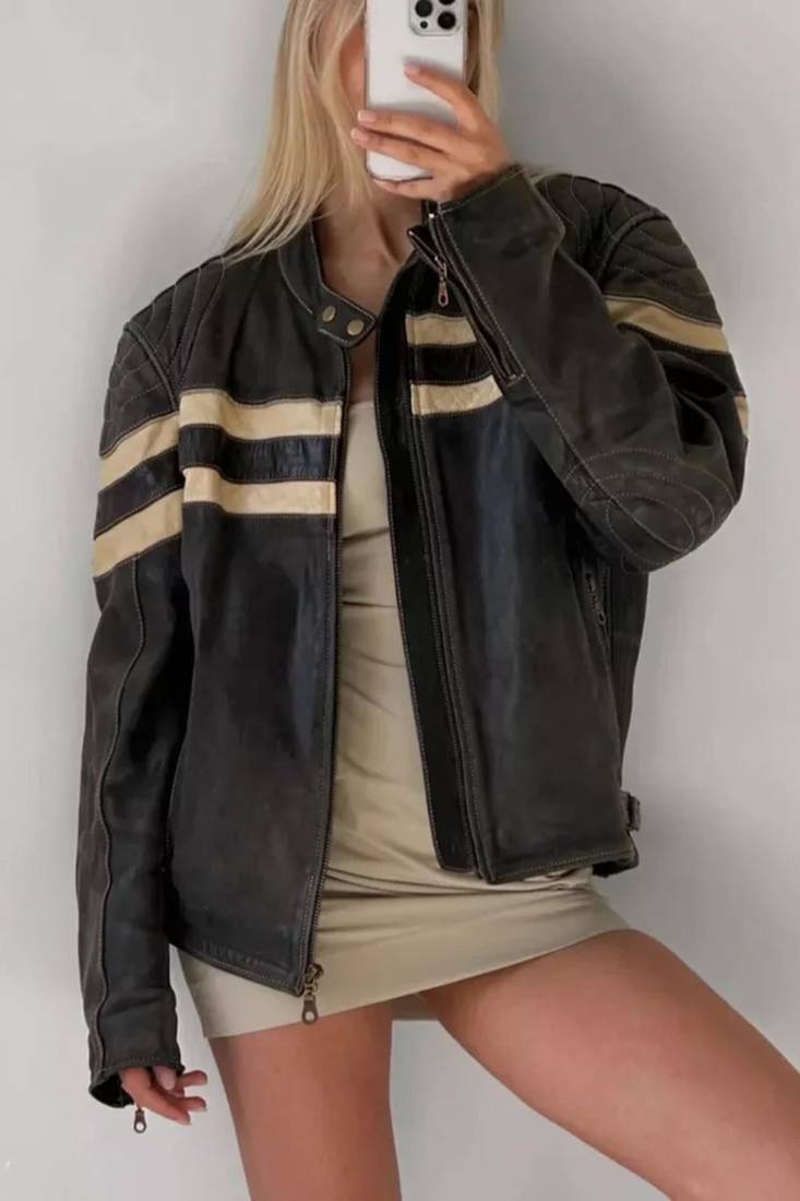 Women’s black café racer lambskin leather jacket white strip
