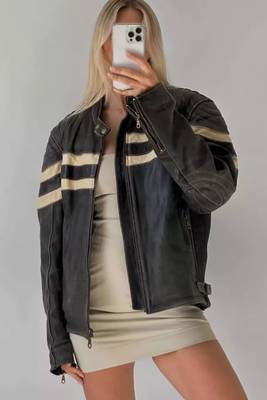 Women’s black café racer lambskin leather jacket white strip 2