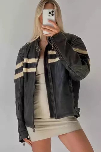 Women’s black café racer lambskin leather jacket white strip