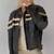 Women’s black café racer lambskin leather jacket white strip