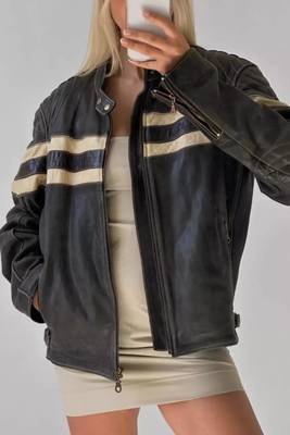 Women’s black café racer lambskin leather jacket white strip 3