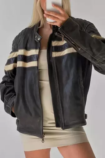 Women’s black café racer lambskin leather jacket white strip