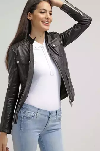 Women’s black lambskin leather jacket  stylish button pockets