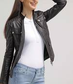 Women’s black lambskin leather jacket  stylish button pockets