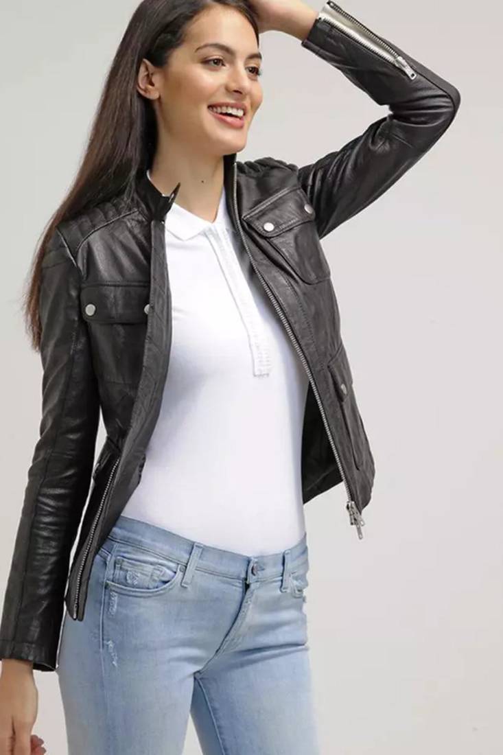Women’s black lambskin leather jacket  stylish button pockets