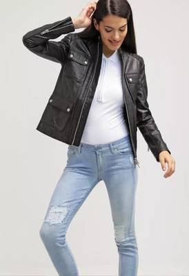 Women’s black lambskin leather jacket  stylish button pockets 3