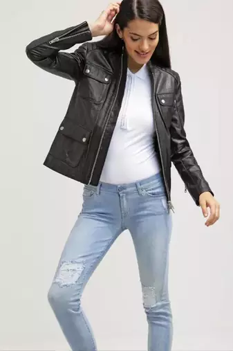 Women’s black lambskin leather jacket  stylish button pockets