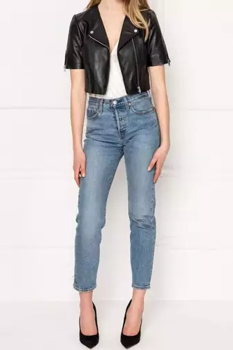 Women’s soft black lambskin leather jacket short half sleeve perfect design