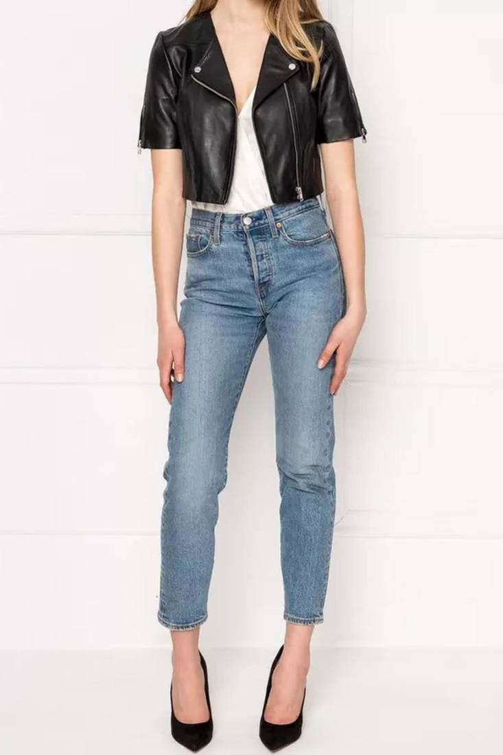 Women’s soft black lambskin leather jacket short half sleeve perfect design
