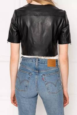 Women’s soft black lambskin leather jacket short half sleeve perfect design 2