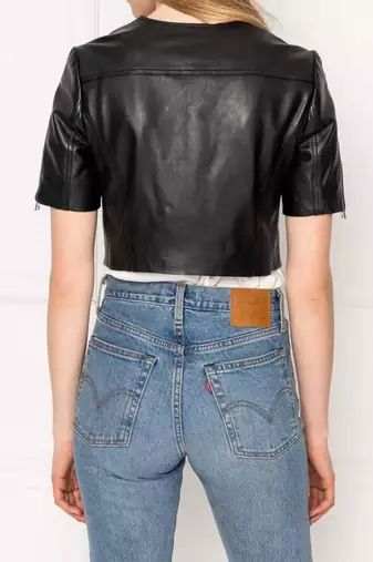 Women’s soft black lambskin leather jacket short half sleeve perfect design