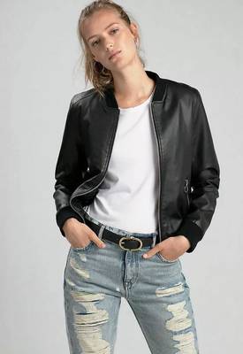 Women’s soft black bomber waist & hem rib lambskin leather jacket 1