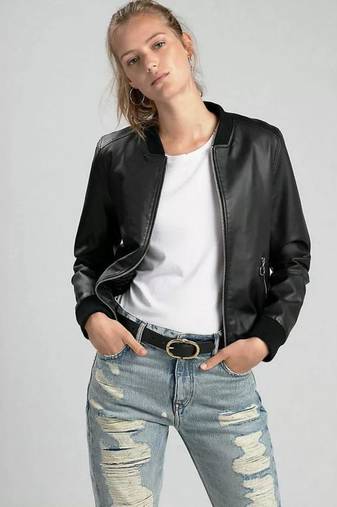 Women’s soft black bomber waist & hem rib lambskin leather jacket