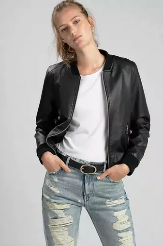Women’s soft black bomber waist & hem rib lambskin leather jacket