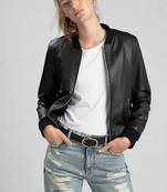 Women’s soft black bomber waist & hem rib lambskin leather jacket