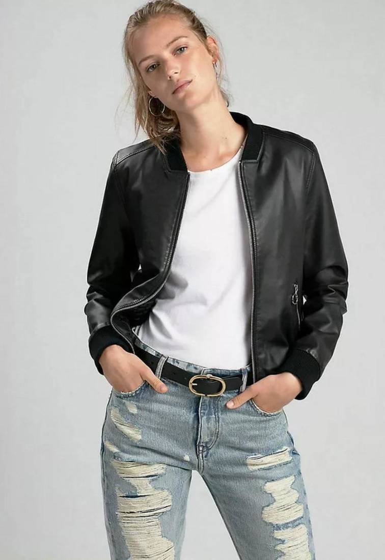 Women’s soft black bomber waist & hem rib lambskin leather jacket
