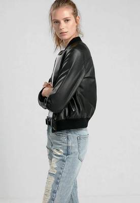 Women’s soft black bomber waist & hem rib lambskin leather jacket 2