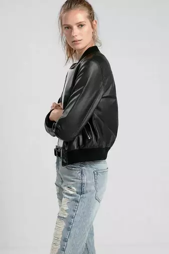 Women’s soft black bomber waist & hem rib lambskin leather jacket