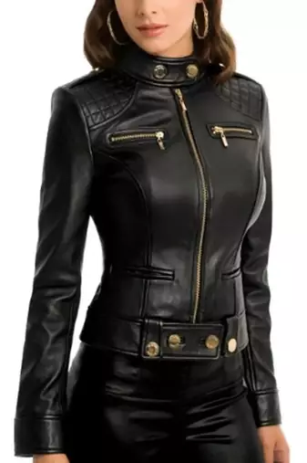 Women’s black lambskin leather jacket zipper detail slim fit racer jacket