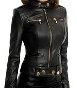 Women’s black lambskin leather jacket zipper detail slim fit racer jacket