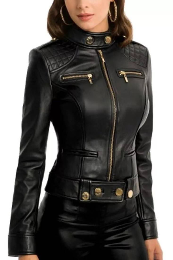 Women’s black lambskin leather jacket zipper detail slim fit racer jacket