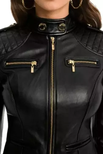 Women’s black lambskin leather jacket zipper detail slim fit racer jacket