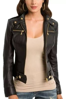 Women’s black lambskin leather jacket zipper detail slim fit racer jacket 3