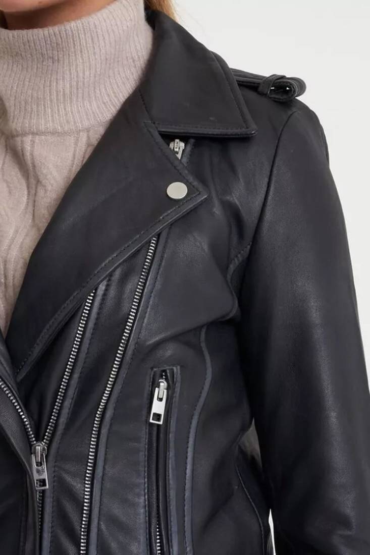 Women’s real soft lambskin leather jacket black-multiple zipper stylish
