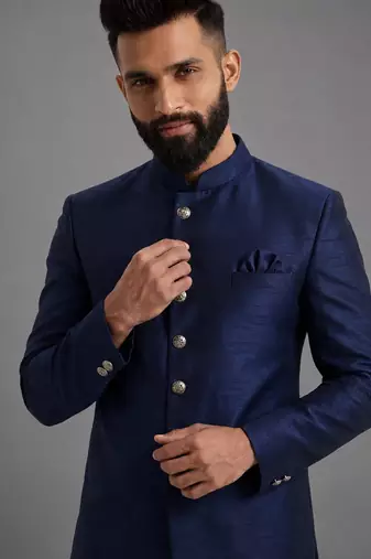 Navy blue art silk indo western set