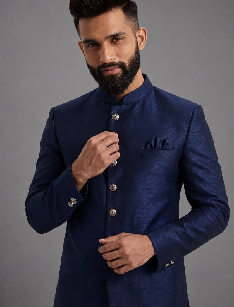 Navy blue art silk indo western set
