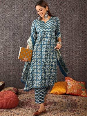Women Ethnic Motifs Printed Regular Sequinned Pure Cotton Kurta with Trousers & With Dupatta 1