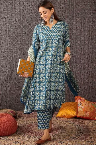 Women Ethnic Motifs Printed Regular Sequinned Pure Cotton Kurta with Trousers & With Dupatta