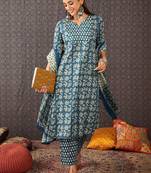 Women Ethnic Motifs Printed Regular Sequinned Pure Cotton Kurta with Trousers & With Dupatta