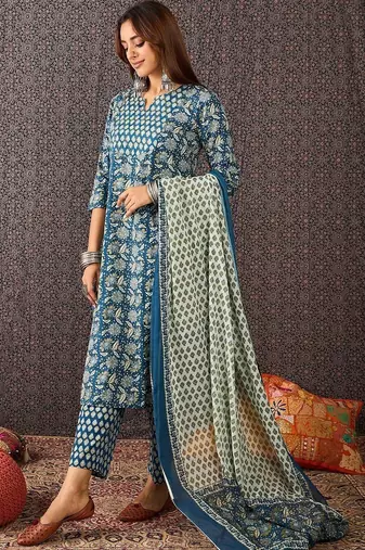 Women Ethnic Motifs Printed Regular Sequinned Pure Cotton Kurta with Trousers & With Dupatta