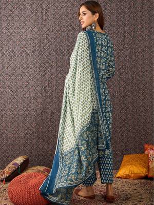 Women Ethnic Motifs Printed Regular Sequinned Pure Cotton Kurta with Trousers & With Dupatta 4