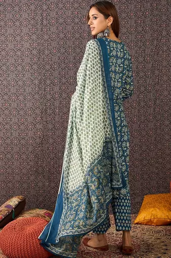 Women Ethnic Motifs Printed Regular Sequinned Pure Cotton Kurta with Trousers & With Dupatta