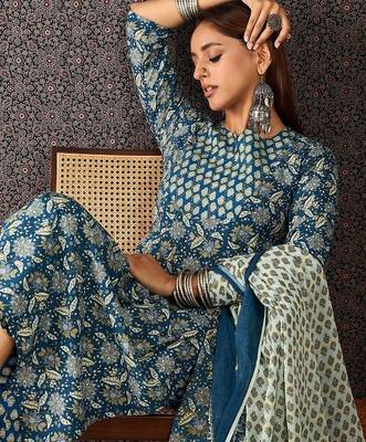 Women Ethnic Motifs Printed Regular Sequinned Pure Cotton Kurta with Trousers & With Dupatta 5