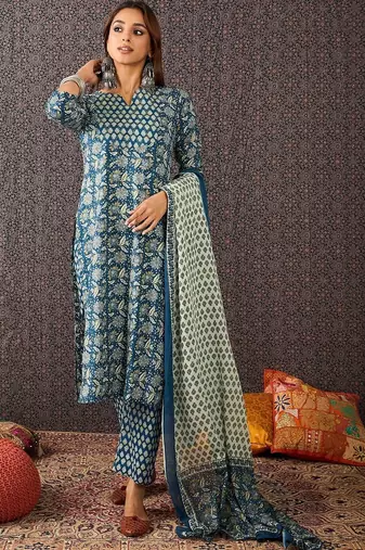 Women Ethnic Motifs Printed Regular Sequinned Pure Cotton Kurta with Trousers & With Dupatta