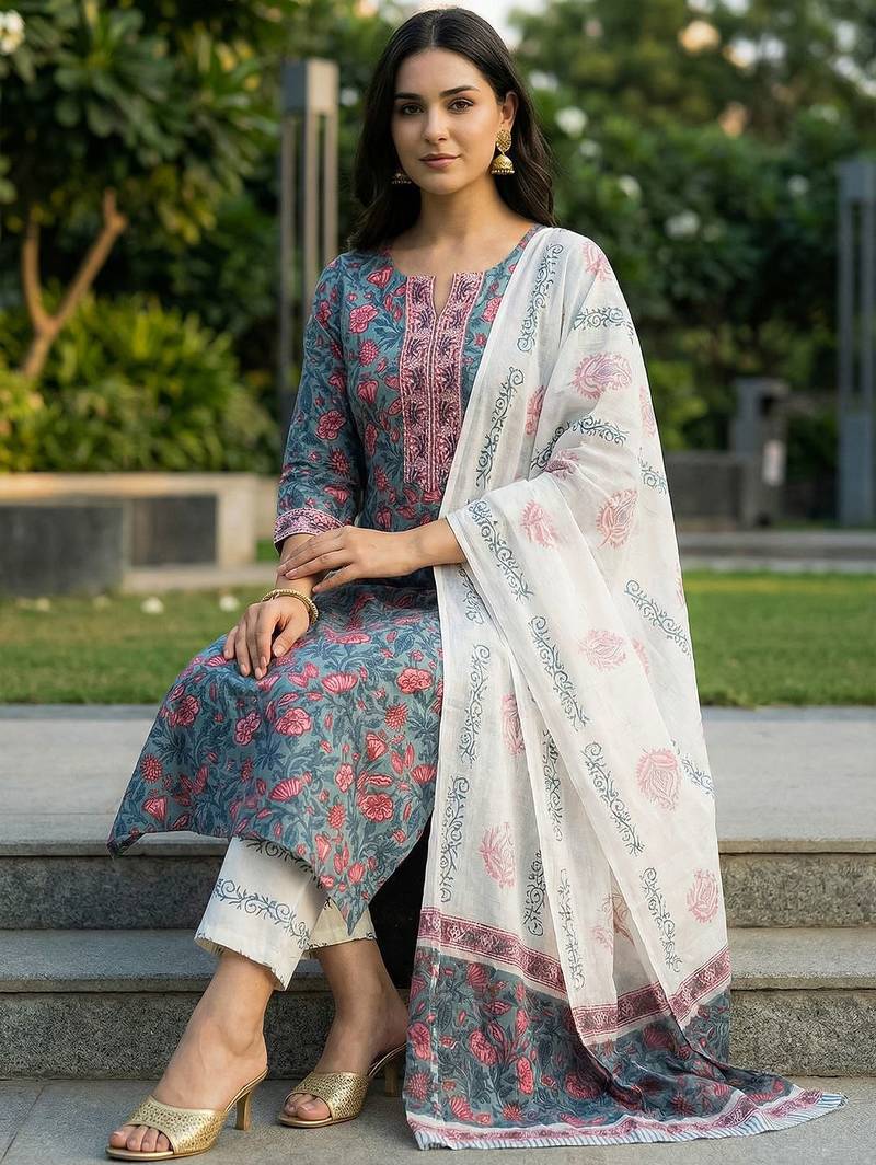 Women Floral Printed Regular Thread Work Pure Cotton Kurta with Trousers & With Dupatta