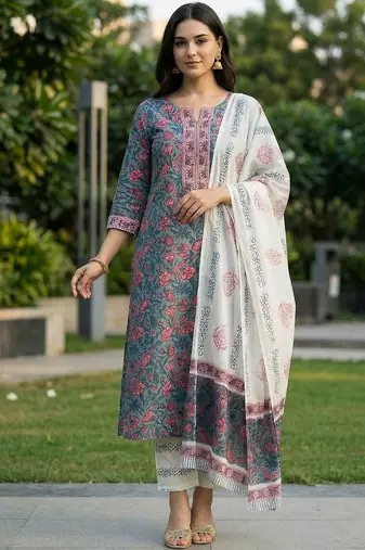 Women Floral Printed Regular Thread Work Pure Cotton Kurta with Trousers & With Dupatta