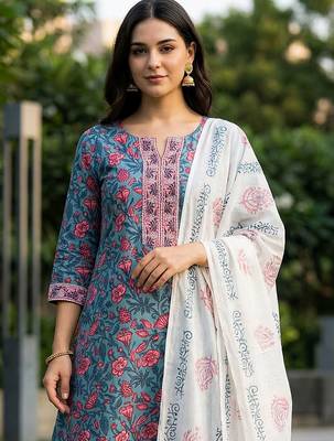Women Floral Printed Regular Thread Work Pure Cotton Kurta with Trousers & With Dupatta 3