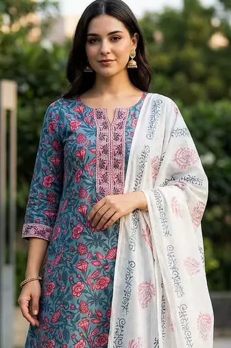 Women Floral Printed Regular Thread Work Pure Cotton Kurta with Trousers & With Dupatta
