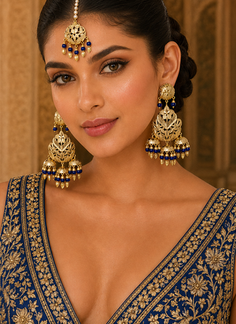 Blue Leaf work Earrings Tikka Set