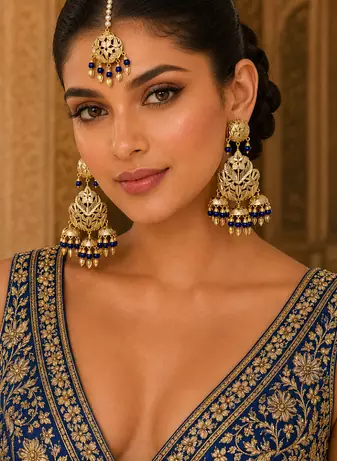 Blue Leaf work Earrings Tikka Set