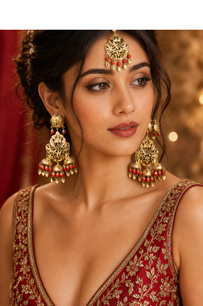 Red leaf work earrings tikka set 1
