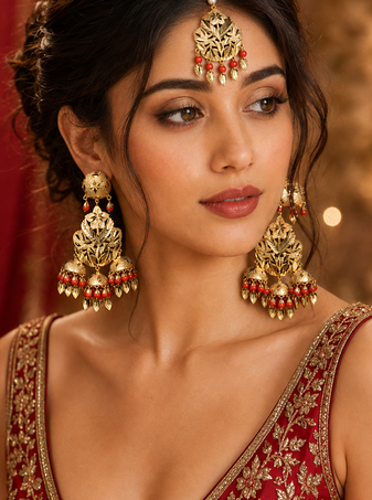 Red leaf work earrings tikka set
