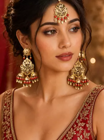 Red leaf work earrings tikka set