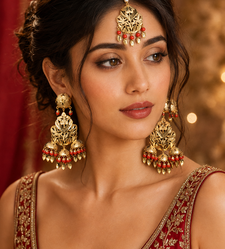Red leaf work earrings tikka set