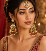 Red leaf work earrings tikka set