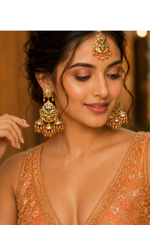 Orange leaf work earrings tikka set 1
